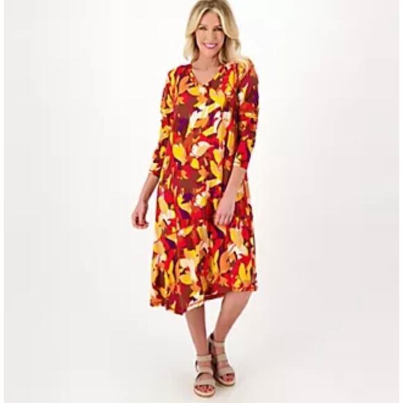 LOGO Lori Goldstein Rayon 230 Fall Leaves Print Dress Size Small Midi - Picture 1 of 4